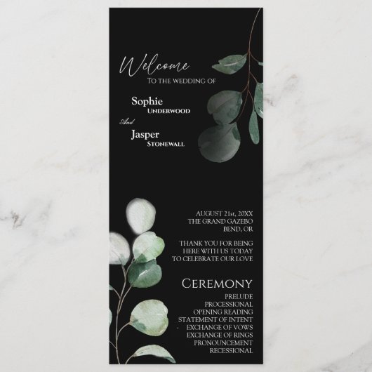 Modern Greenery Black Wedding Flat Program Programmakaart (Voorkant)