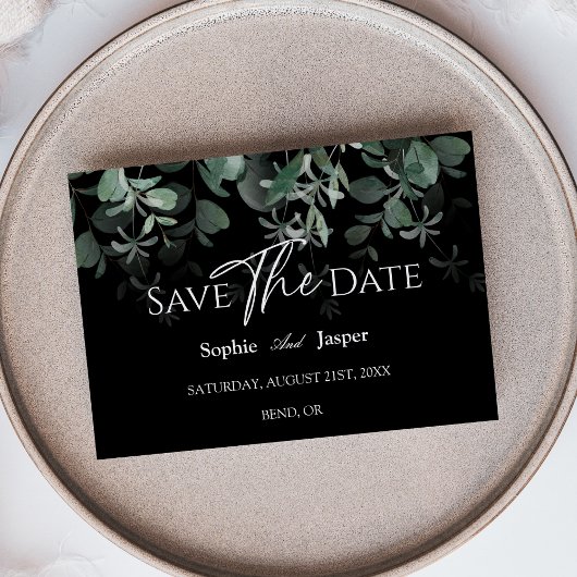 Modern Greenery Black Wedding Flat Save the Date