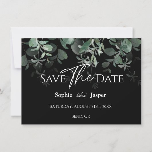 Modern Greenery Black Wedding Flat Save the Date (Voorkant)