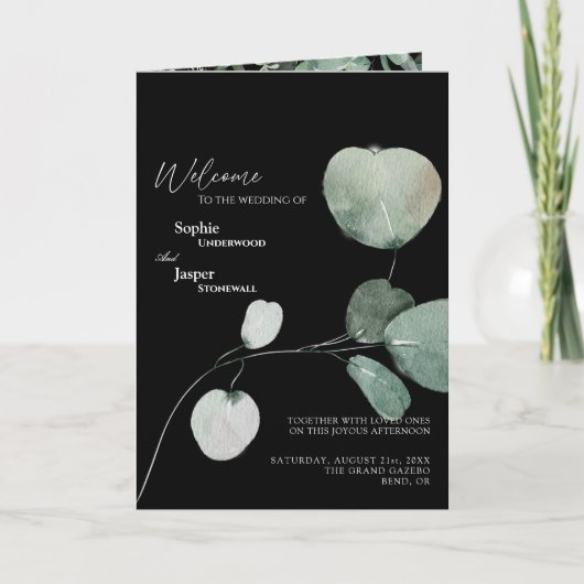 Modern Greenery Black Wedding Folded Programme Programma (Voorkant)