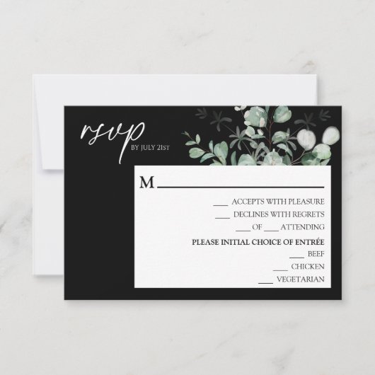 Modern Greenery Black Wedding Menu RSVP-kaart (Voorkant)