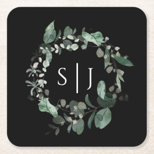 Modern Greenery Black Wedding Monogram Kartonnen Onderzetters