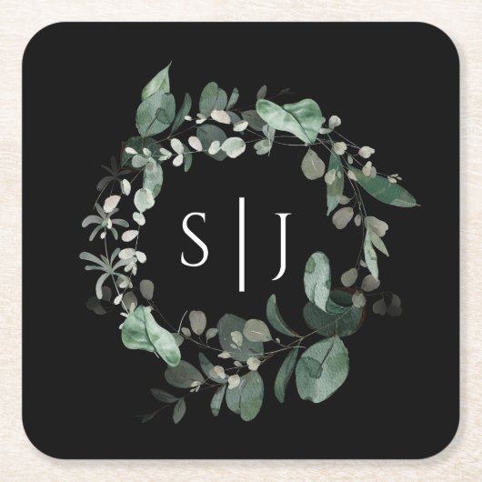 Modern Greenery Black Wedding Monogram Kartonnen Onderzetters (Voorkant)