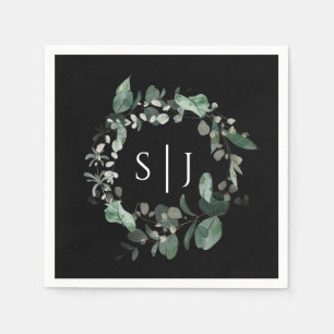 Modern Greenery Black Wedding Monogram Servet