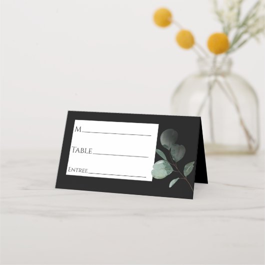 Modern Greenery Black Wedding Place Card Plaatskaartje (Voorkant)