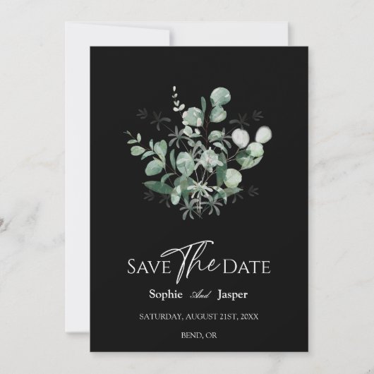 Modern Greenery Black Wedding Save the Date Kaart (Voorkant)