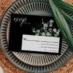 Modern Greenery Black Wedding Simple RSVP-kaart RSVP Kaartje<br><div class="desc">Dit moderne zwarte bruine bruiloft met een eenvoudig rsvp-kaartontwerp biedt een eenvoudige mix en past de coördinerende stijlen in zwart-wit aan met delicate grijze elementen, waardoor de kleuren gemakkelijk kunnen worden gestroomlijnd rond eenvoudige, geavanceerde typografie en een prachtig, minimaal kalligrafiescript. De waterverf eucalyptus en andere botanische bladeren zijn prachtig doorheen,...</div>