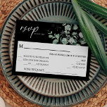 Modern Greenery Black Wedding Song Request RSVP<br><div class="desc">Dit moderne zwarte trouwlied vraagt rsvp-design en biedt een eenvoudige mix van coördinerende stijlen in zwart-wit en delicate grijze elementen, waardoor je een fraaie bloei rond eenvoudige, geavanceerde typografie en een prachtig, minimaal kalligrafiescript kunt realiseren. De waterverf eucalyptus en andere botanische bladeren zijn prachtig doorheen, met donkere smaragd in een...</div>