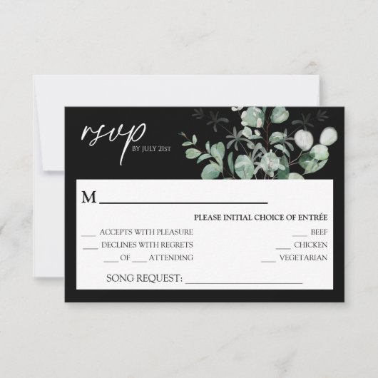 Modern Greenery Black Wedding Song Request RSVP Kaartje (Voorkant)