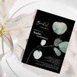 Modern Greenery Black Wedding Vrijgezellenfeest Kaart<br><div class="desc">Dit moderne zwarte bruinbruidbruidbruiddoucheontwerp biedt een eenvoudige mix en past de coördinerende stijlen in zwart-wit aan met delicate groene elementen, waardoor de brutale bloei rond eenvoudige, gesofisticeerde typografie en een prachtig, minimaal kalligrafiescript wordt vergroot. De waterverf eucalyptus en andere botanische bladeren zijn prachtig doorheen, met donkere smaragd in een ombre-effect...</div>
