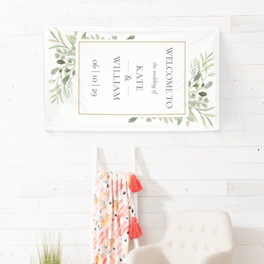 Modern Greenery Botanical Wedding Welcome Sign Spandoek (Insitu)