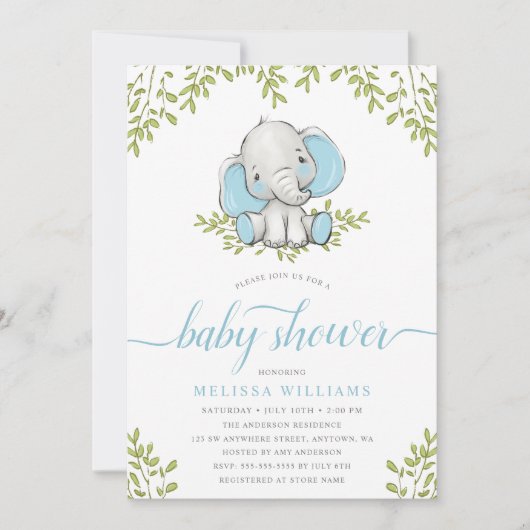 Modern Greenery Elephant Boy Baby shower Kaart (Voorkant)
