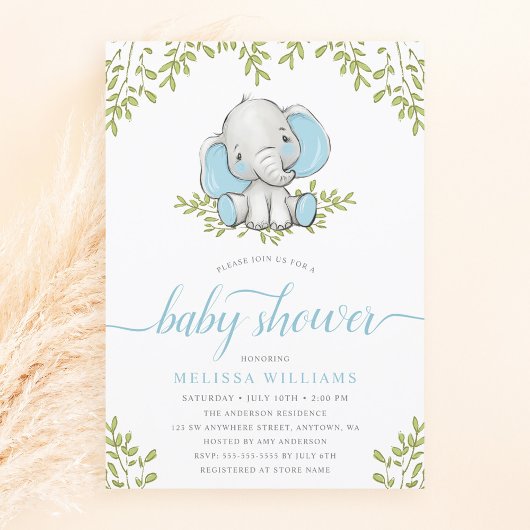 Modern Greenery Elephant Boy Baby shower Kaart