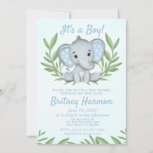 Modern Greenery Elephant Boy Baby shower Kaart (Voorkant)