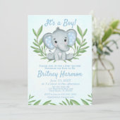 Modern Greenery Elephant Boy Baby shower Kaart (Staand voorkant)