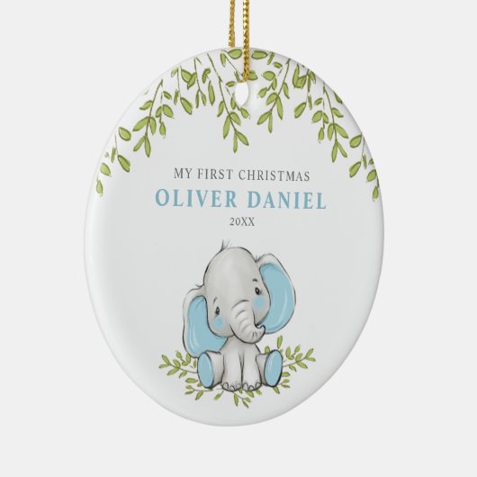 Modern Greenery Elephant Boy First Kerstmis Keramisch Ornament (Rechts)