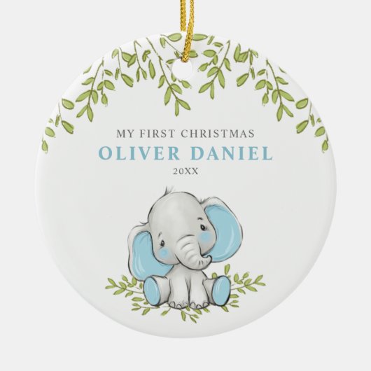 Modern Greenery Elephant Boy First Kerstmis Keramisch Ornament (Voorkant)
