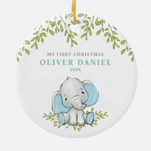 Modern Greenery Elephant Boy First Kerstmis Keramisch Ornament (Achterkant)