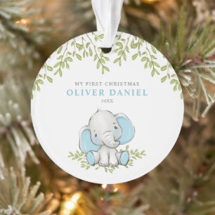 Modern Greenery Elephant Boy First Kerstmis Ornament