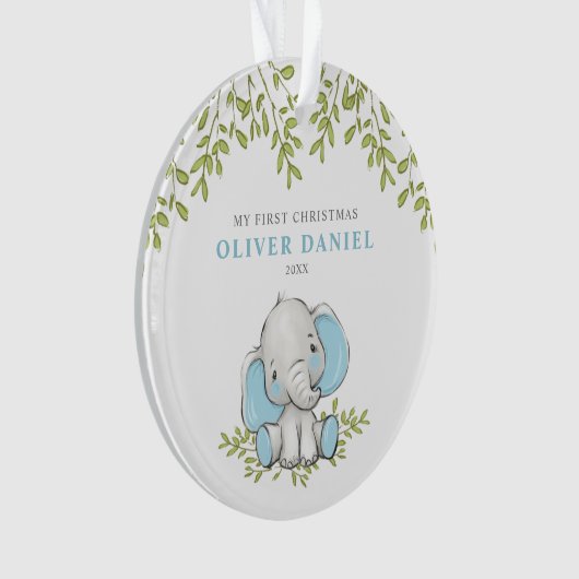 Modern Greenery Elephant Boy First Kerstmis Ornament (voorkant)
