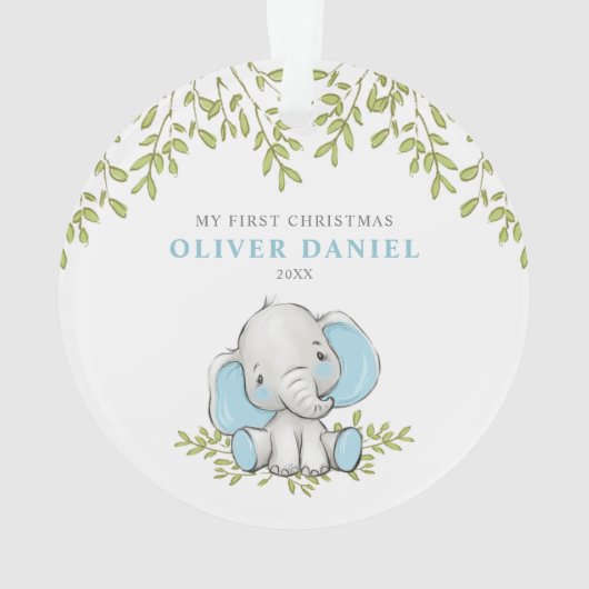 Modern Greenery Elephant Boy First Kerstmis Ornament (achterkant)