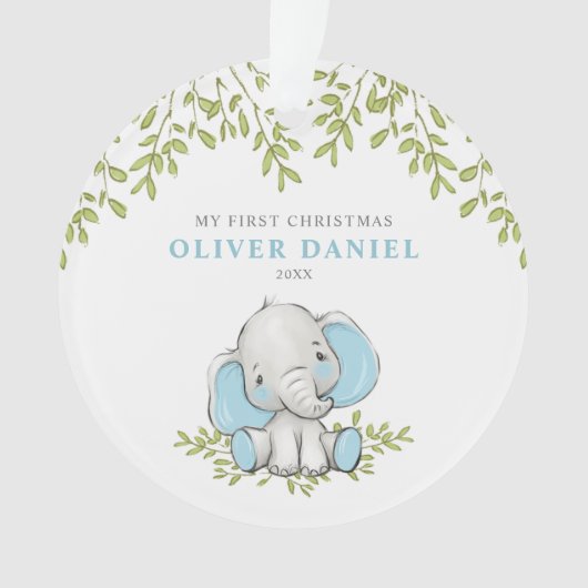 Modern Greenery Elephant Boy First Kerstmis Ornament (voorkant)