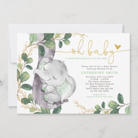 Modern Greenery Elephant Green Gold Baby shower Kaart (Voorkant)