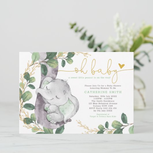 Modern Greenery Elephant Green Gold Baby shower Kaart (Staand voorkant)
