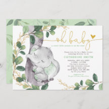 Modern Greenery Elephant Green Gold Baby shower