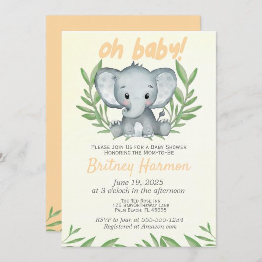 Modern Greenery Elephant Neutral Baby shower Invit Kaart (Voorkant / Achterkant)