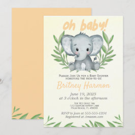 Modern Greenery Elephant Neutral Baby shower Invit Kaart