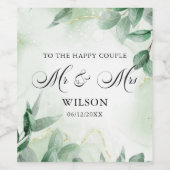 Modern Greenery en Gold Happy Couple Wedding Wijn Etiket (Enkel label)