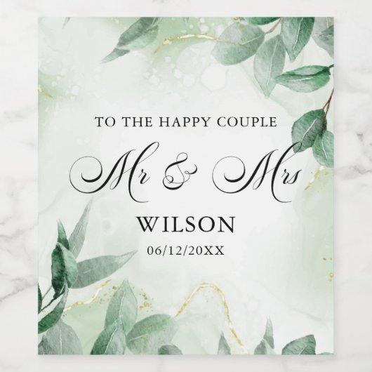 Modern Greenery en Gold Happy Couple Wedding Wijn Etiket (Enkel label)