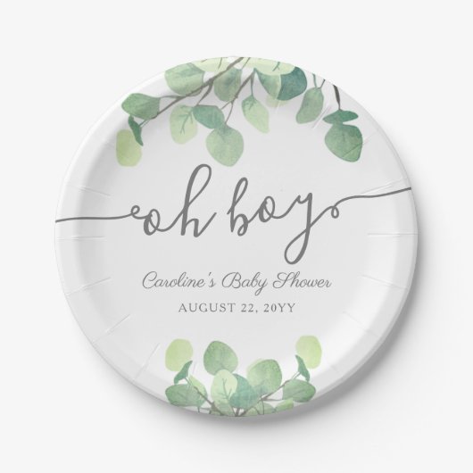 Modern Greenery Eucalyptus Oh Boy Baby shower Papieren Bordje (Voorkant)