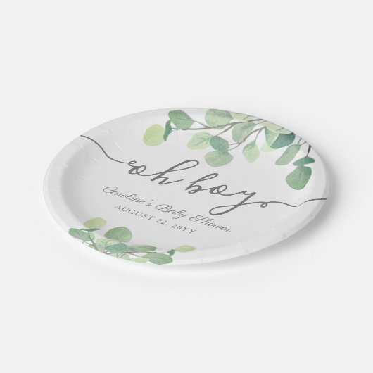Modern Greenery Eucalyptus Oh Boy Baby shower Papieren Bordje (Gekanteld)