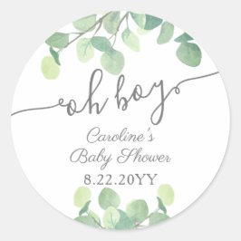 Modern Greenery Eucalyptus Oh Boy Baby shower Ronde Sticker