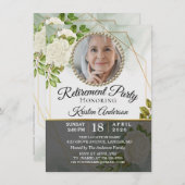 Modern Greenery Floral Foto Retirement Party Kaart (Voorkant / Achterkant)