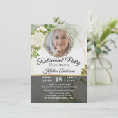 Modern Greenery Floral Foto Retirement Party Kaart (Staand voorkant)