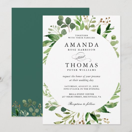 Modern Greenery Foliage Leaves Wreath Wedding Kaart (Voorkant / Achterkant)