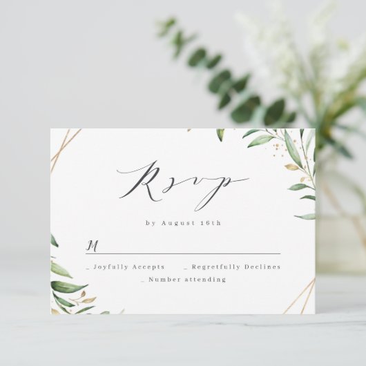 Modern Greenery Geometric Rustic Wedding RSVP Kaartje (Staand voorkant)