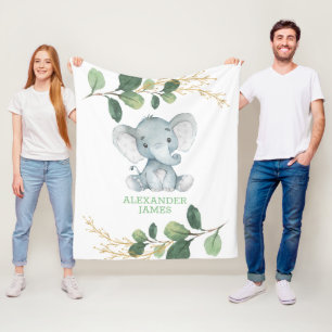 Modern Greenery Gold Baby Elephant Boy Nursery Fleece Deken