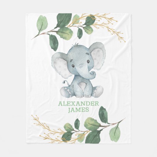 Modern Greenery Gold Baby Elephant Boy Nursery Fleece Deken (Voorkant)