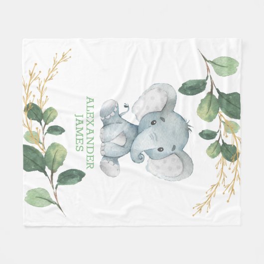Modern Greenery Gold Baby Elephant Boy Nursery Fleece Deken (Voorkant (Horizontaal))