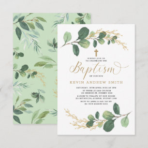 Modern Greenery Gold Boy Girl Baptism Kaart