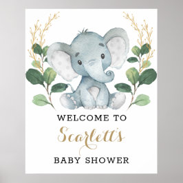 Modern Greenery Gold Elephant Baby shower Welkom Poster
