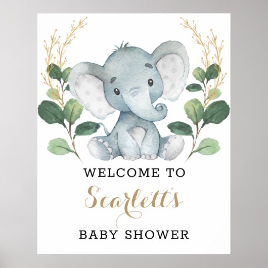 Modern Greenery Gold Elephant Baby shower Welkom Poster (Voorkant)