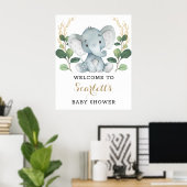 Modern Greenery Gold Elephant Baby shower Welkom Poster (Thuiskantoor)