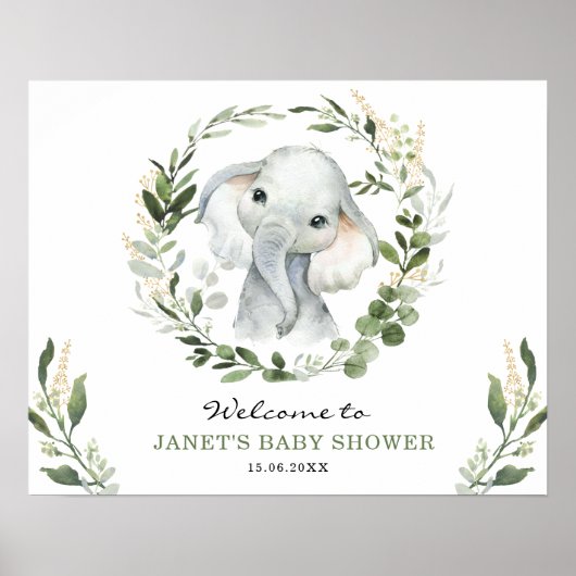 Modern Greenery Gold Elephant Baby shower Welkom Poster (Voorkant)