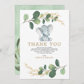 Modern Greenery Gold Elephant Neutral Baby shower Bedankkaart (Voorkant / Achterkant)