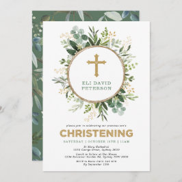 Modern Greenery Gold Garden Wreath Christening Kaart